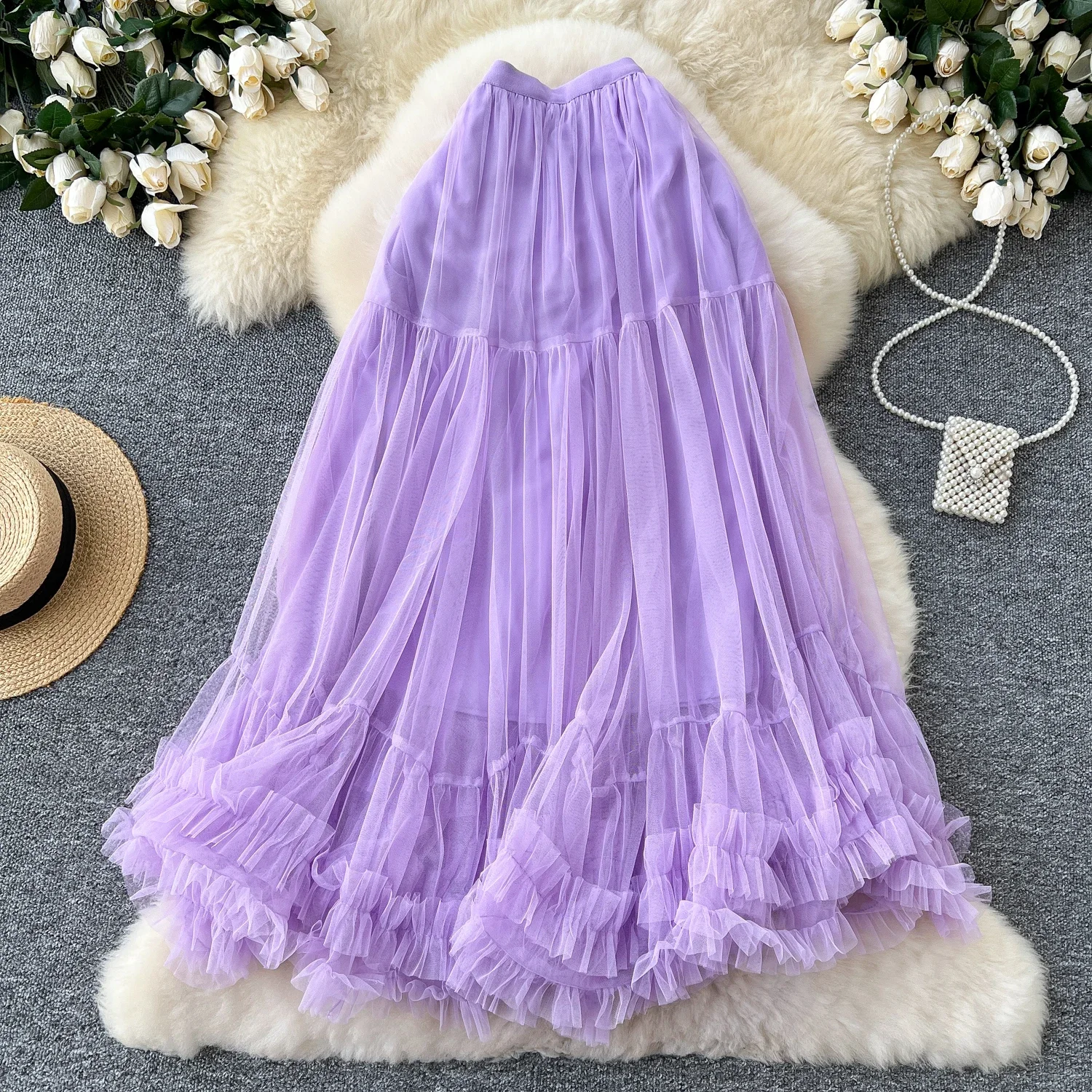 Sweet Vintage Mesh Elegant High Waist Chic Ear Fungus Edge Fairycore A-line Skirt French Streetwear High Street Autumn Clothing