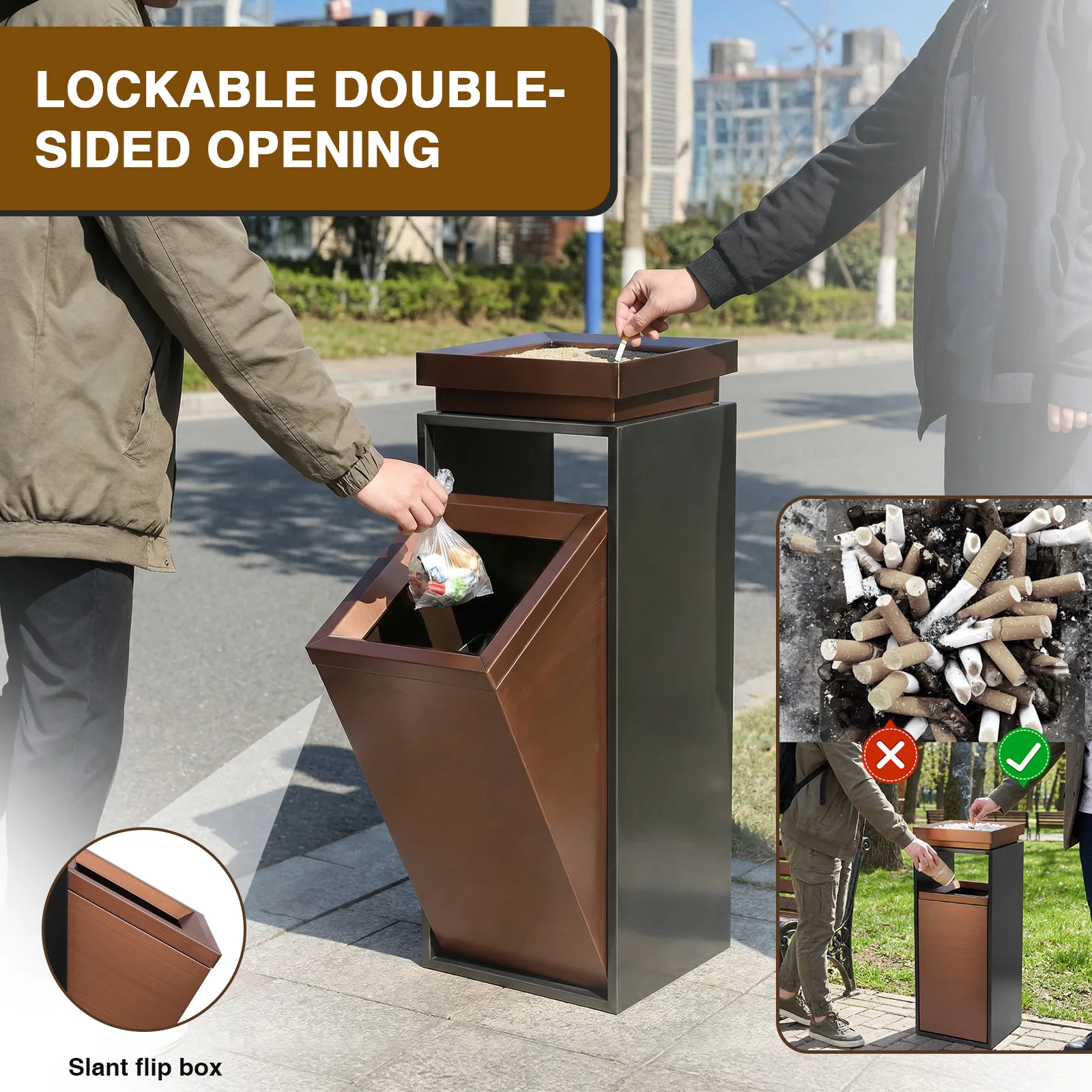 

Commercial Outdoor Trash Can with Ashtray/Lid with Removable Inner Bucket 29.53x11.02x11.02in for Parks Public Spaces