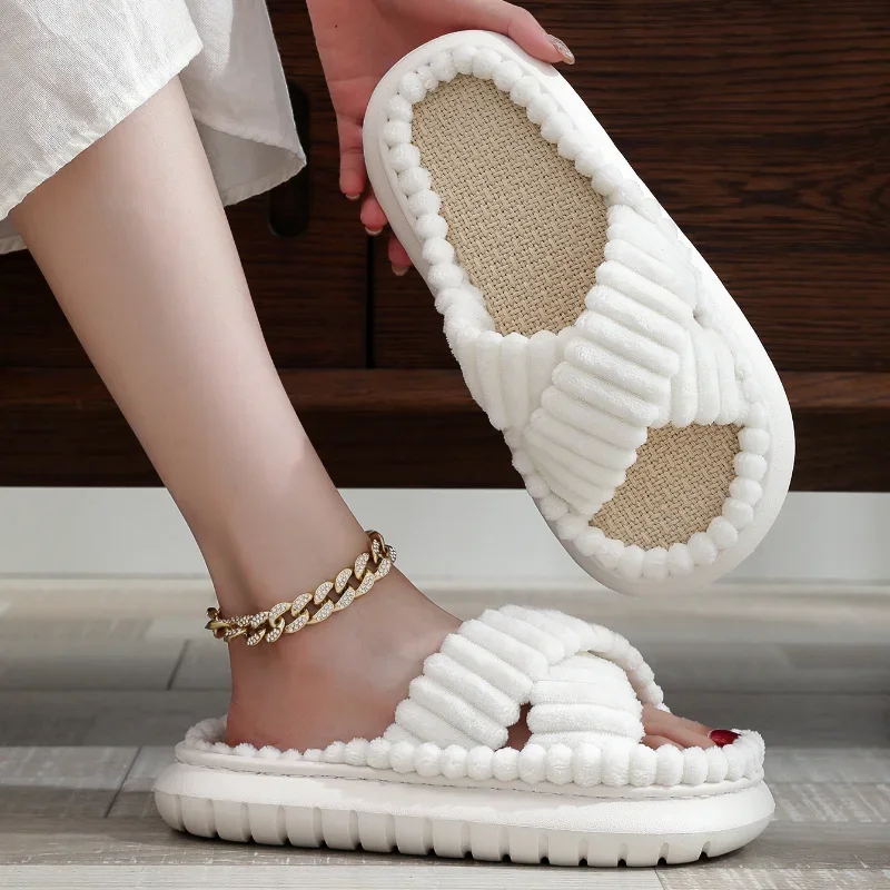 Winter Solid Linen Slippers Women Home Slippers Open-Toe Cross Band Linen Soled Indoor Slides Non Slip Indoor platform Slipper