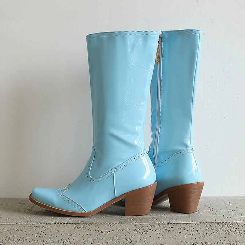 ORCHA LISA عادية 2026 المرأة أحذية الركبة 6 سنتيمتر كعب مكتنز براءات الاختراع والجلود انقطاع تصميم الأزرق حجم كبير 46 48 US14 US17 نمط الحفلات