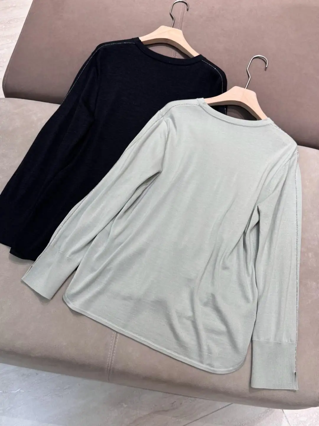 Spring Summer 2025 Women's O-neck Silk Wool Knit Top Long Sleeve Beads Lightweight Pullover