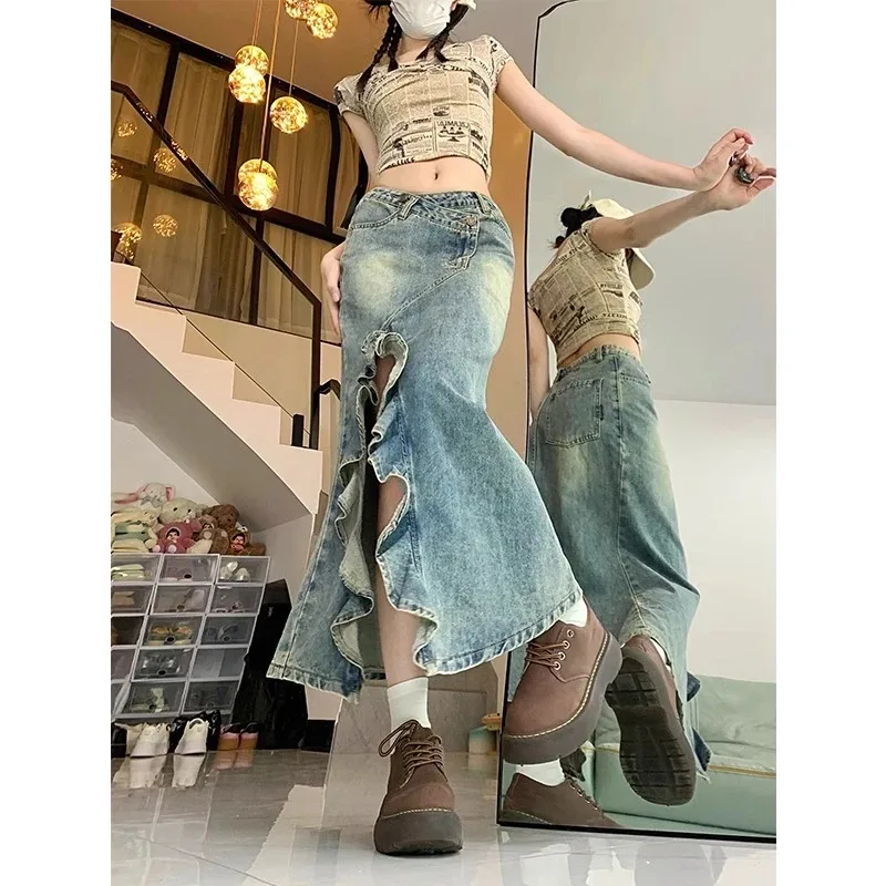 Women's Newspaper Print Short Sleeve Crop Top & Washed Denim Ruffle Mermaid Skirt Two-Piece Outfit