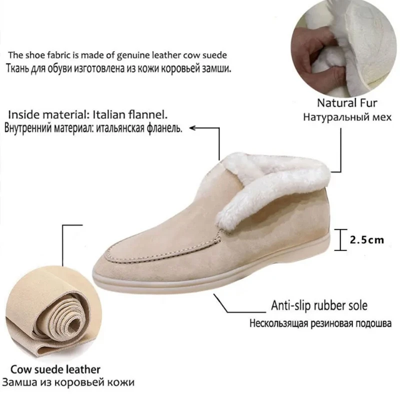 أحذية النساء الكاحل فراء الأحذية أزياء النساء أحذية جلدية بدون كعب شقة 2025 أحذية الشتاء عالية الجودة مريحة الصوف الثلوج