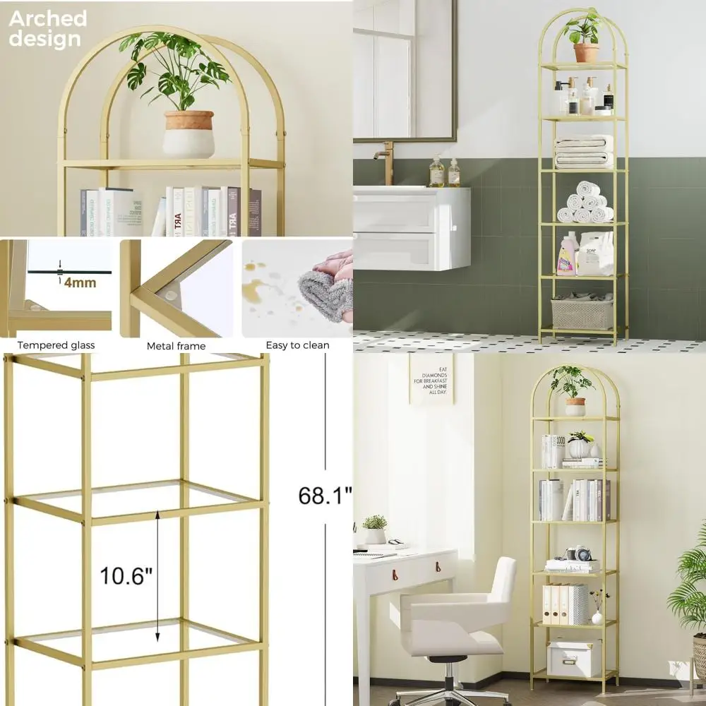

Contemporary Arched Bookshelf with Tempered Glass Shelves for Home, Office, and Living Spaces, 11.8 Deep x 13.8 Wide x 68.1 Tall