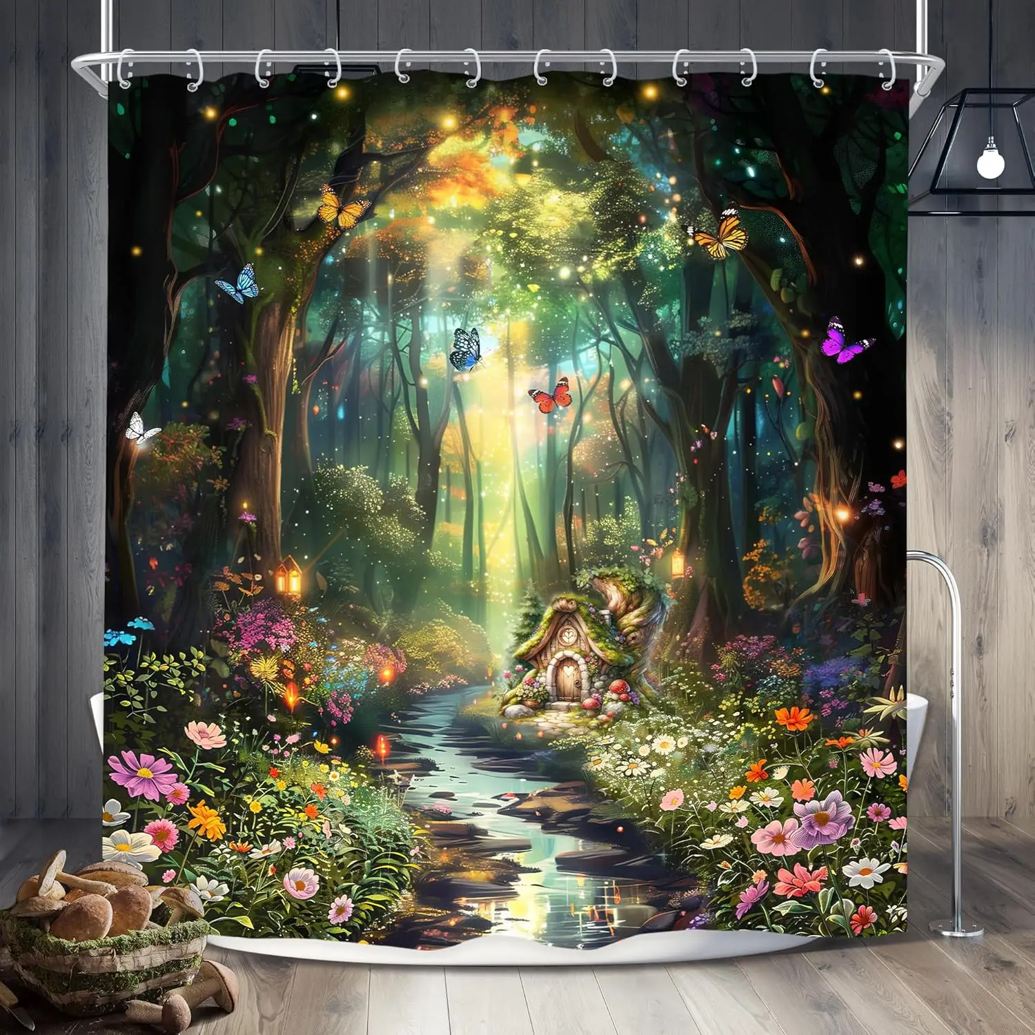 Cortina de ducha de fantasía, Hada hermosa, país de las Maravillas, bosque, árbol, flor silvestre, jardín Floral, mariposa, planta, cuento, naturaleza, baño