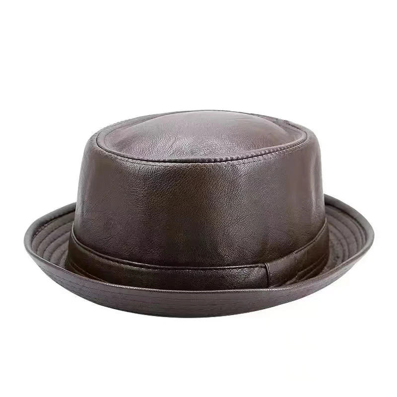 New Fashion Men\'s Black Leather Trilby Hat Men\'s Fedora Hat Vintage Women\'s Autumn Brand Men\'s Vintage Jazz Hat