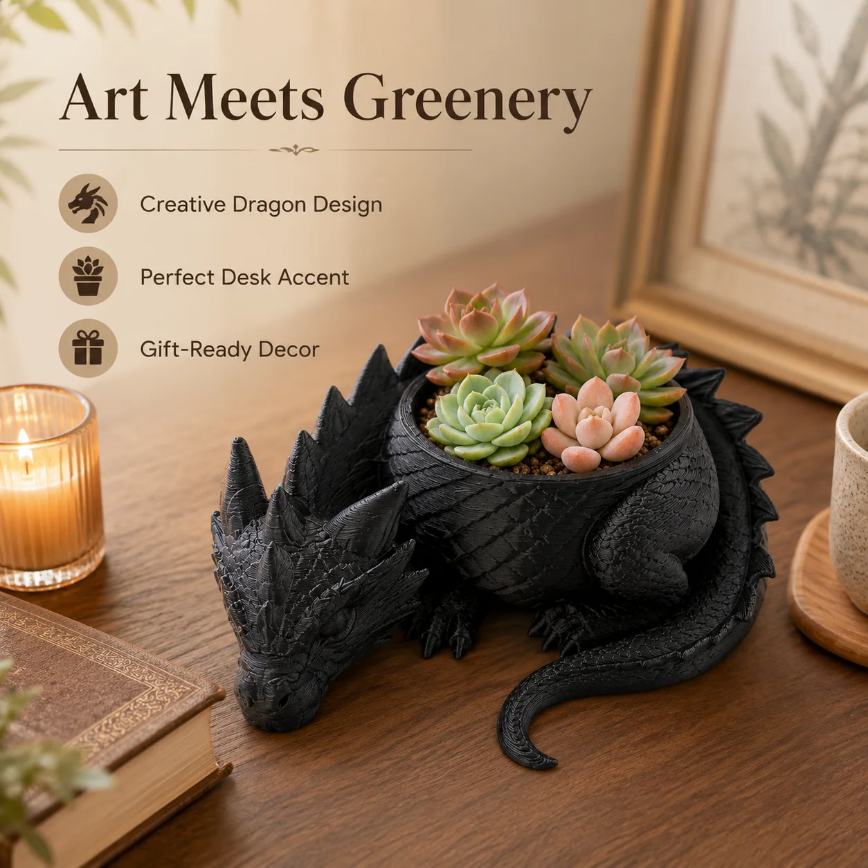 3D Printed Dragon Shaped Flowerpot, Funny Dragon Planter Figurine for Succulents Cactus, Desktop Home Decor