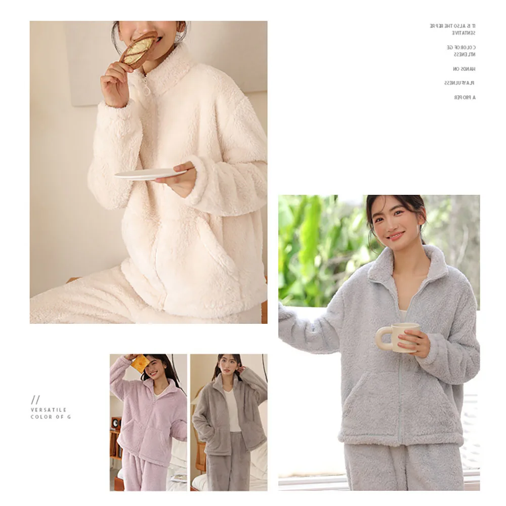 Fall Winter Home Wear Women's Zip-up Cardigan Fleece Pajamas Sets Solid Loose Reversible Fleece Thermal Ladies Sleepwear Suit