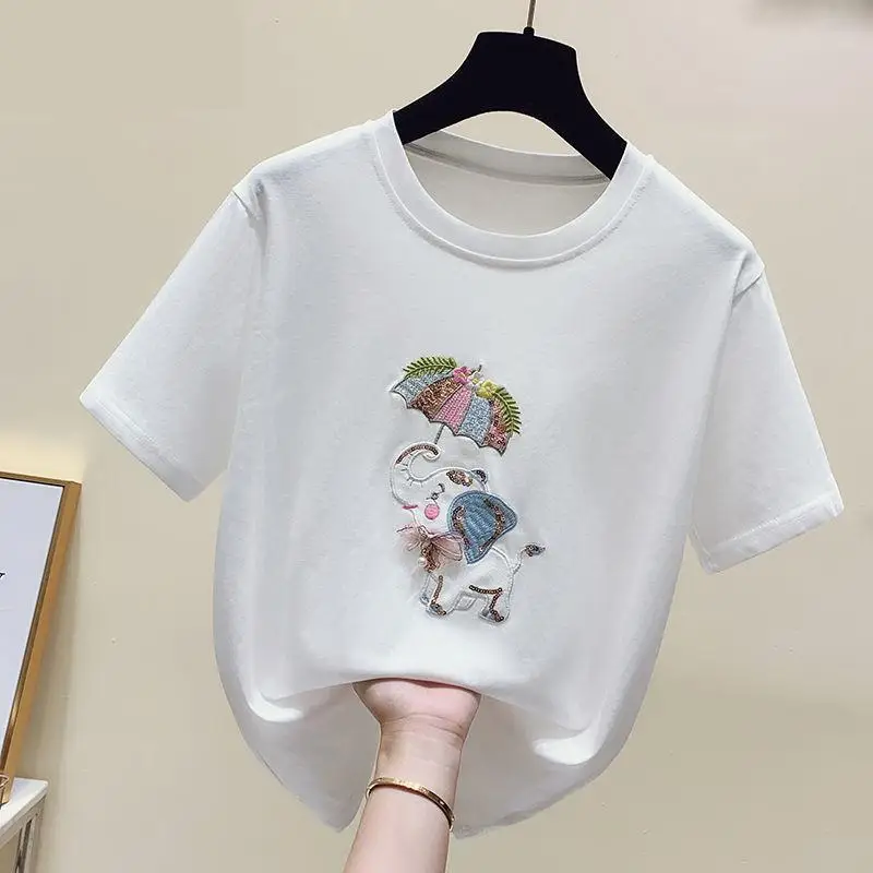 100% Cotton Sky Blue Summer Girl Slim T Shirt Cute Embroidered Sequins Hold On Flower Umbrella White Elephant Tees Tops Female