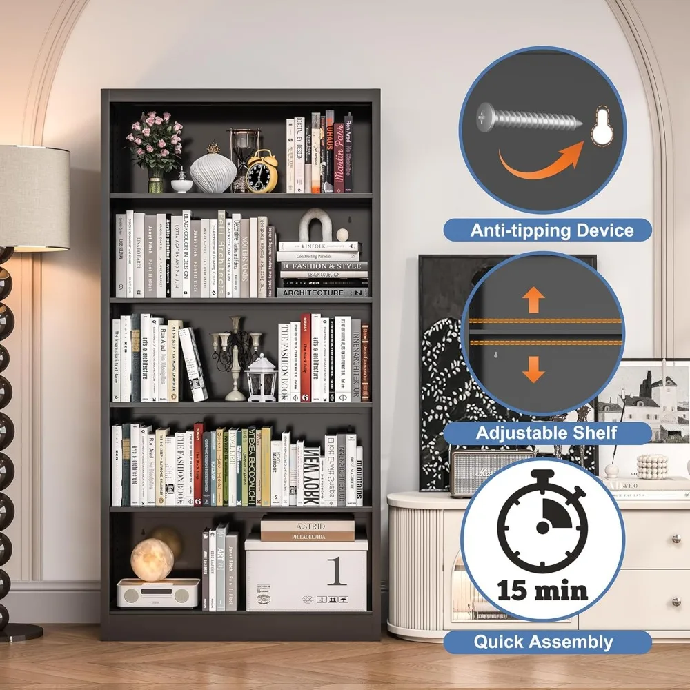 خزانة كتب معدنية ذات 5 أرفف على الطراز الصناعي، 14 عميقة للكتب والديكور والأقراص المضغوطة والأفلام ورف كتب حديث قابل للتعديل بطول 66 طويلًا