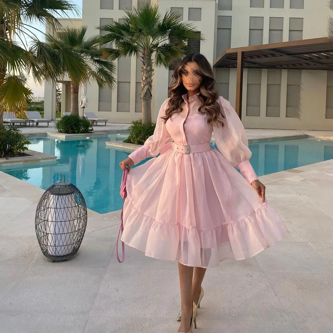 Long Sleeves 2-Piece Prom Evening Dresses 2023 A-Line Sash Knee-length Formal Occasion Dresses Robes De платье вечернее