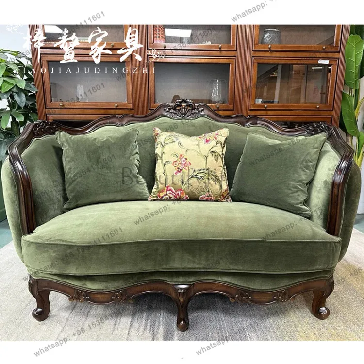 American country retro wind solid wood carving flower fabric sofa, villa living room sofa