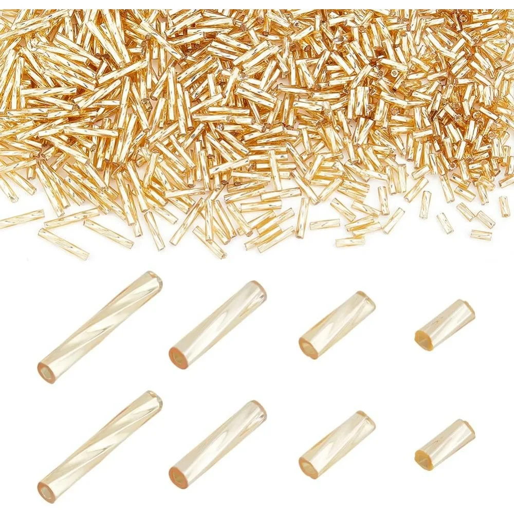 1600Pcs 4 Sizes Glass Bugle Beads Golden Long Tube Seed Bead 5/6/9/12x2mm Loose Spacer Bead with 0.5mm Round Hole for Earring