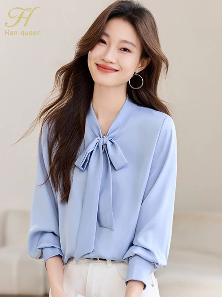 

H Han Queen New Arrival Shirt Chiffon Blouse Bow Elegant Loose Women Business Shirts Womens Blouse Vintage Work Casual Tops