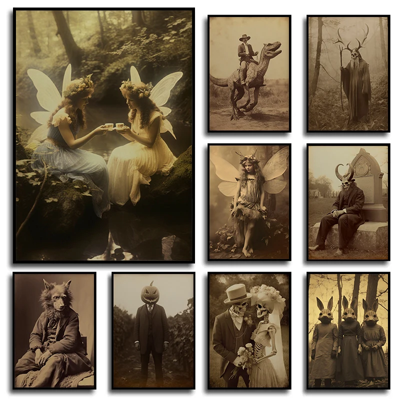 ВИНТАЖНАЯ фотография динозавр ковбой ужас оборотенок Феи плакаты и принты на холсте Печать Настенная картина для декора гостиной