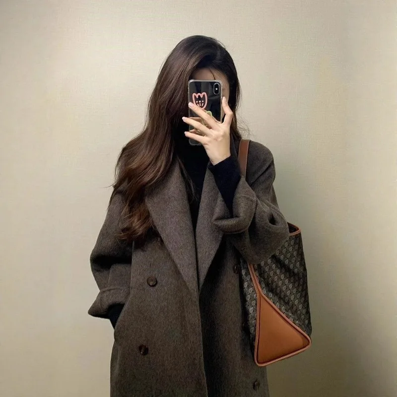 

Элегантное осенне-зимнее однотонное пальто женское до колена средней длины верхняя одежда в корейском стиле модная женская одежда