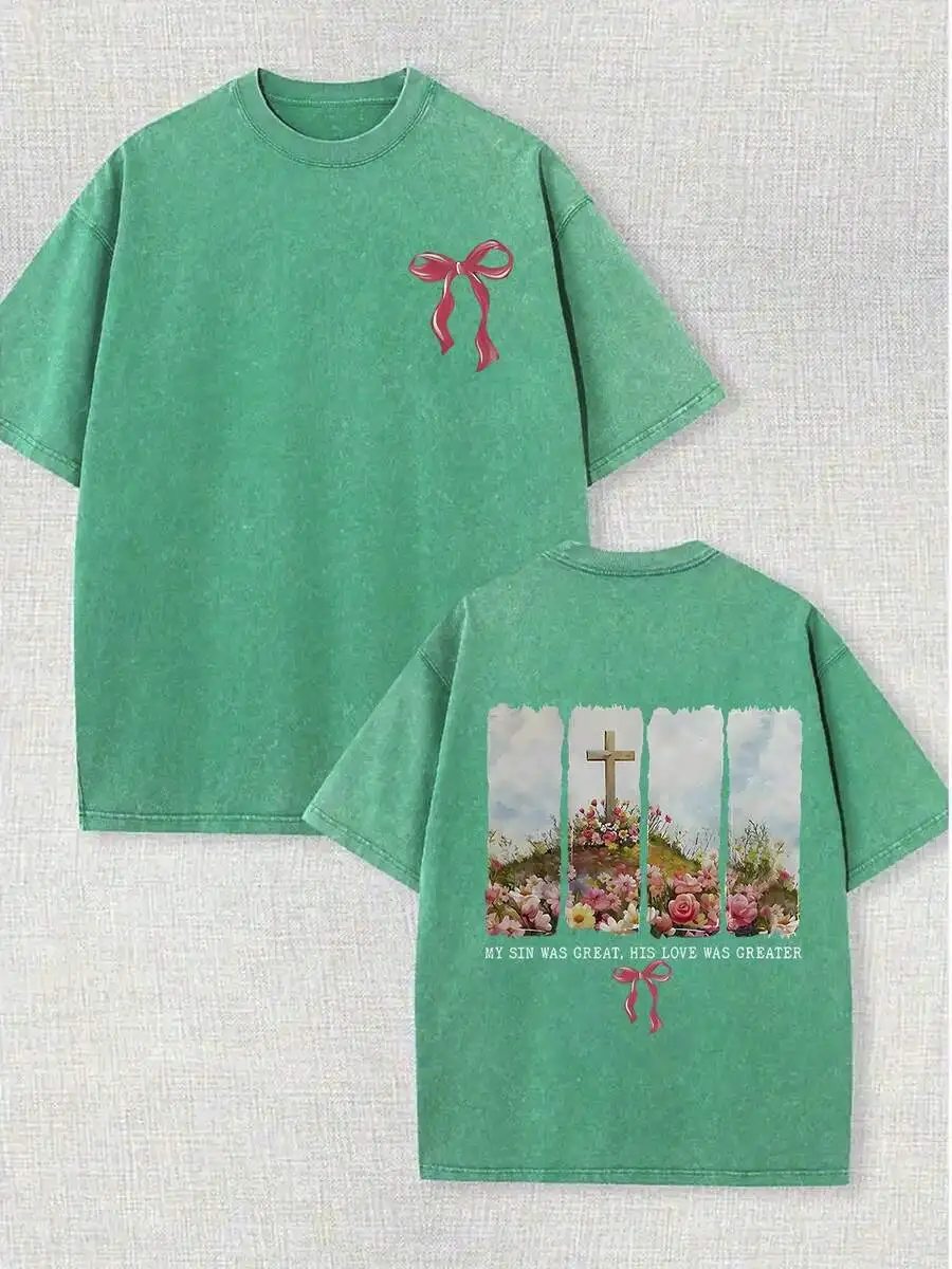 

Футболка из состаренного хлопка мятно-зеленого цвета с цветочным принтом и бантом