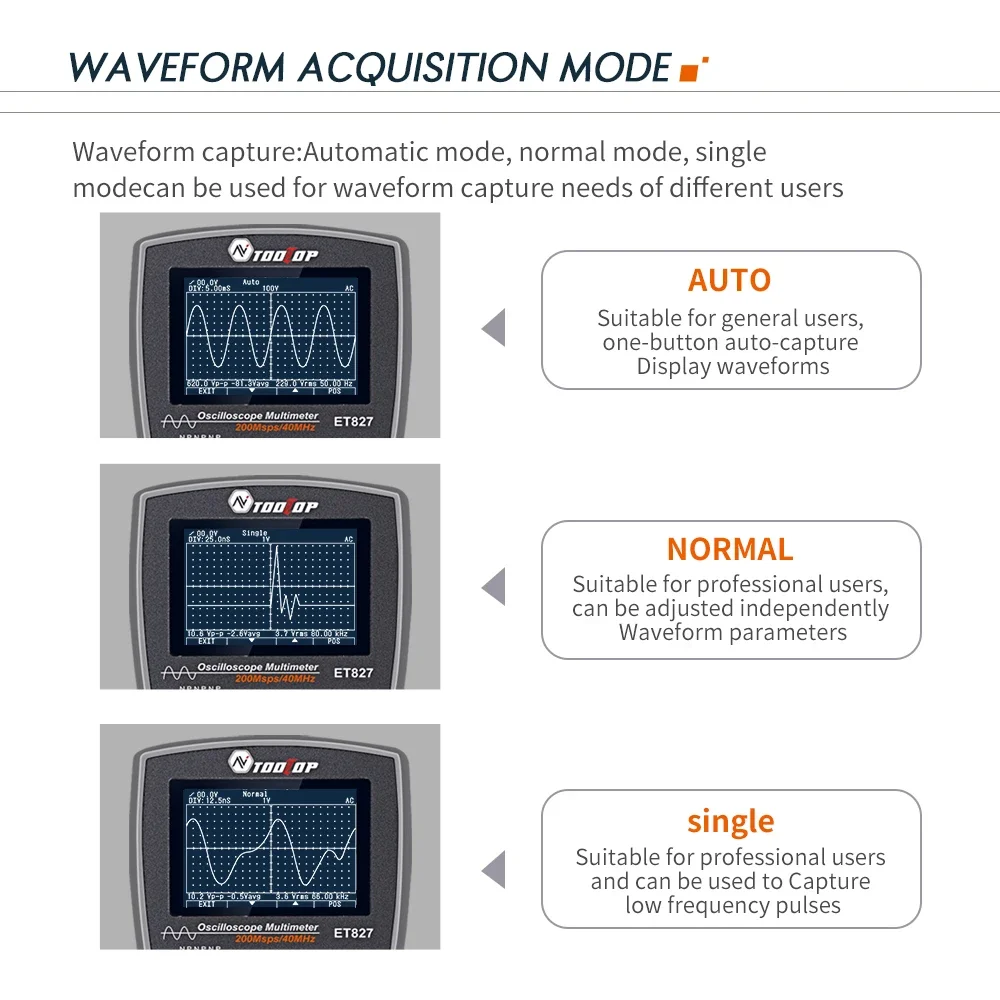 TOOLTOP ET827 200Ms/S 40MHz Portable Digital Oscilloscope 6000 Count Multimeter Analog Bandwidth Multipurpose Maintenance Test