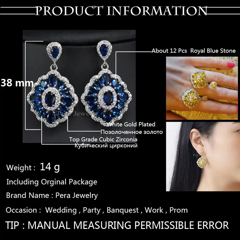 Pera Vintage Nigerian Women Yellow Gold Color Costume Jewelry Big Square Shape Long Dangle Drop Earring with Cubic Zirconia E165