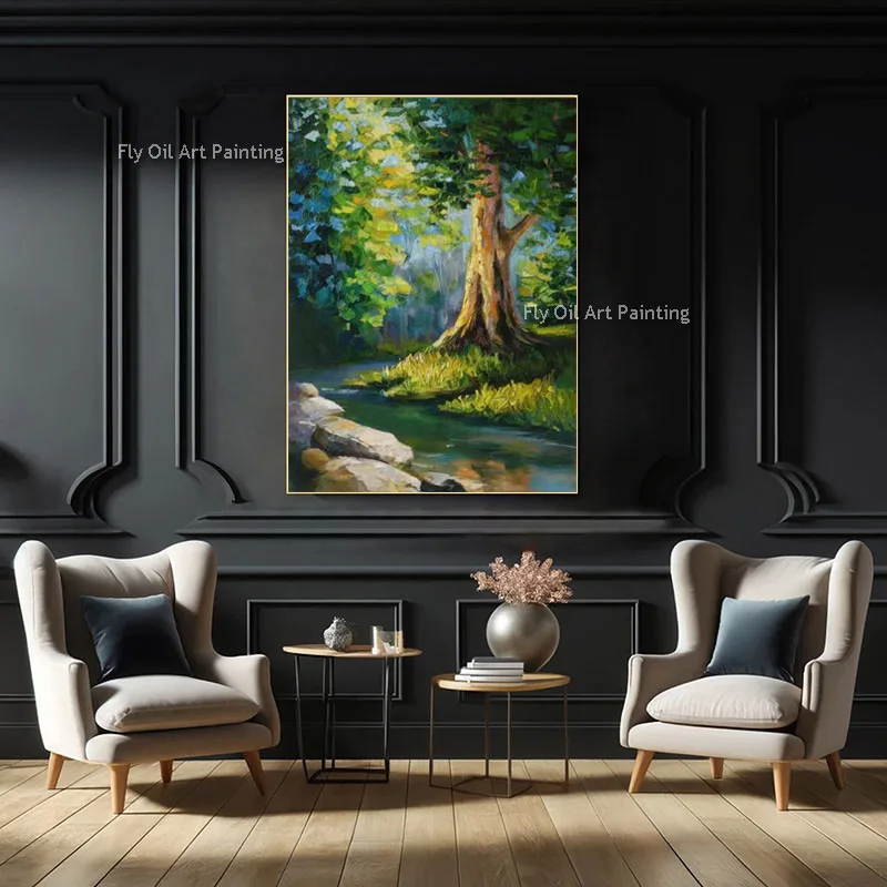 Original Handmade Thick Texture Oil Painting, Green Forest Creek Old Tree Palette Knife Canvas Wall Artwork