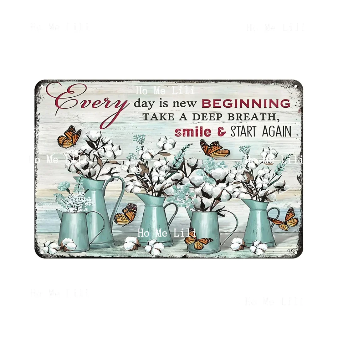 Aenaon Every Day Is New Beginning Metal Logo Fun Moth And Cotton Metal Decorative Plaque