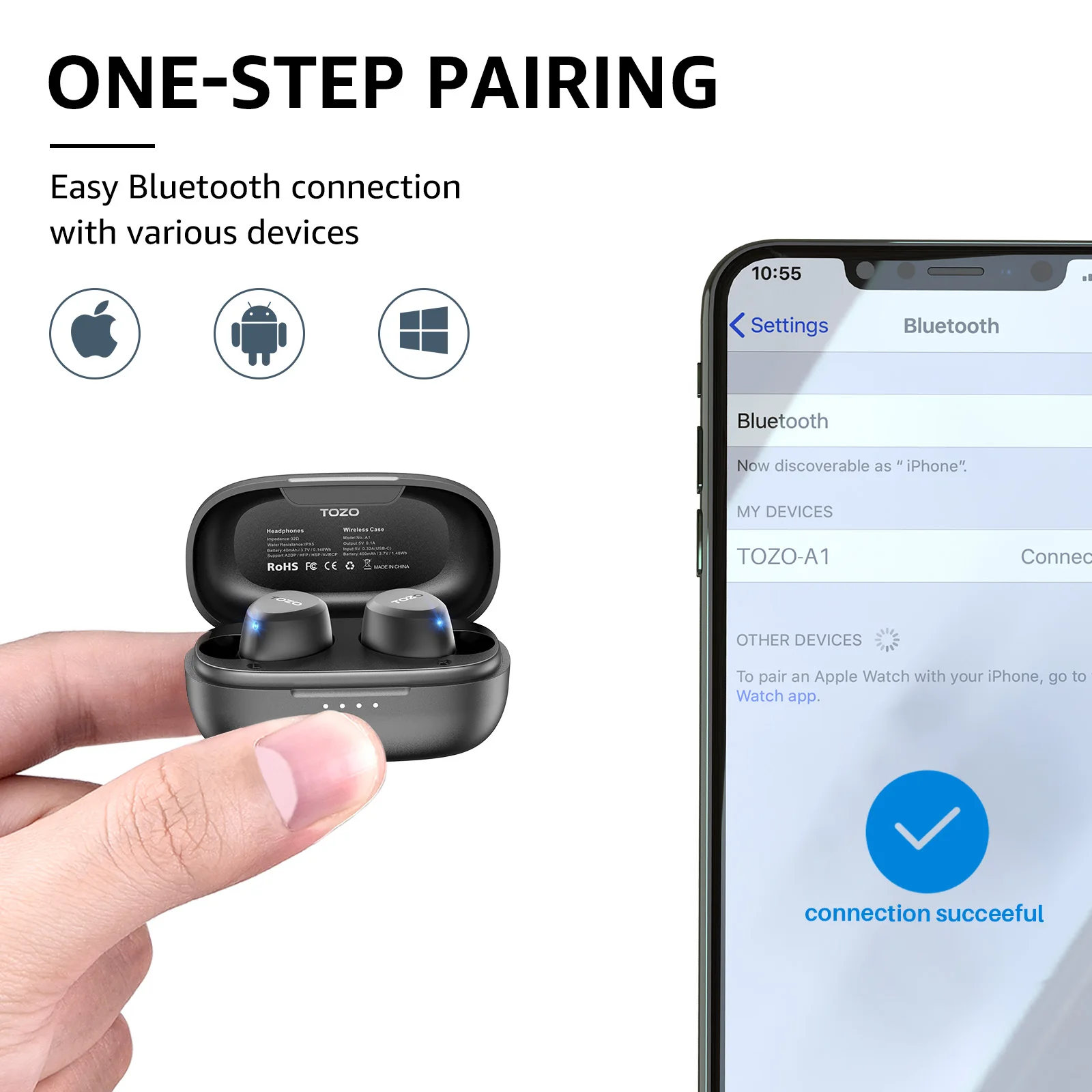 سماعات أذن TOZO المجددة TWS أصلية لاسلكية خفيفة للغاية تعمل باللمس سماعات بلوتوث رياضية لهاتف آيفون وأندرويد