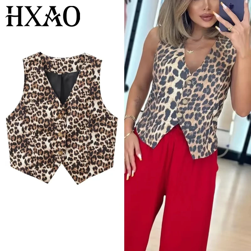 

HXAO леопардовые женские жилеты, винтажный укороченный жилет без рукавов, женская верхняя одежда, женский костюм с животным принтом, жилет с v-образным вырезом, повседневный жилет