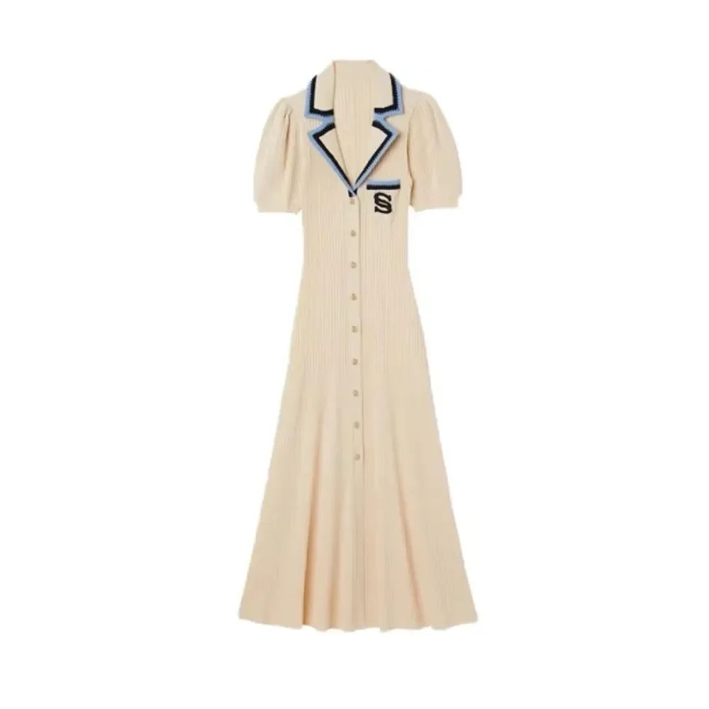 

Trendy Style French Paris Fashion Knit Long Dress for Women Classic Minimal Design Embroidery Stitch Dress Female Clothing