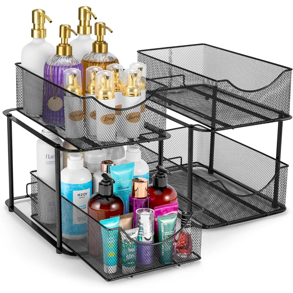 

2 Setsof 2 Tier Metal Under Sink Organizer for Bathroom, Kitchen,Strong Steel Mesh Sliding Drawers for Under Sink, Under Cabinet