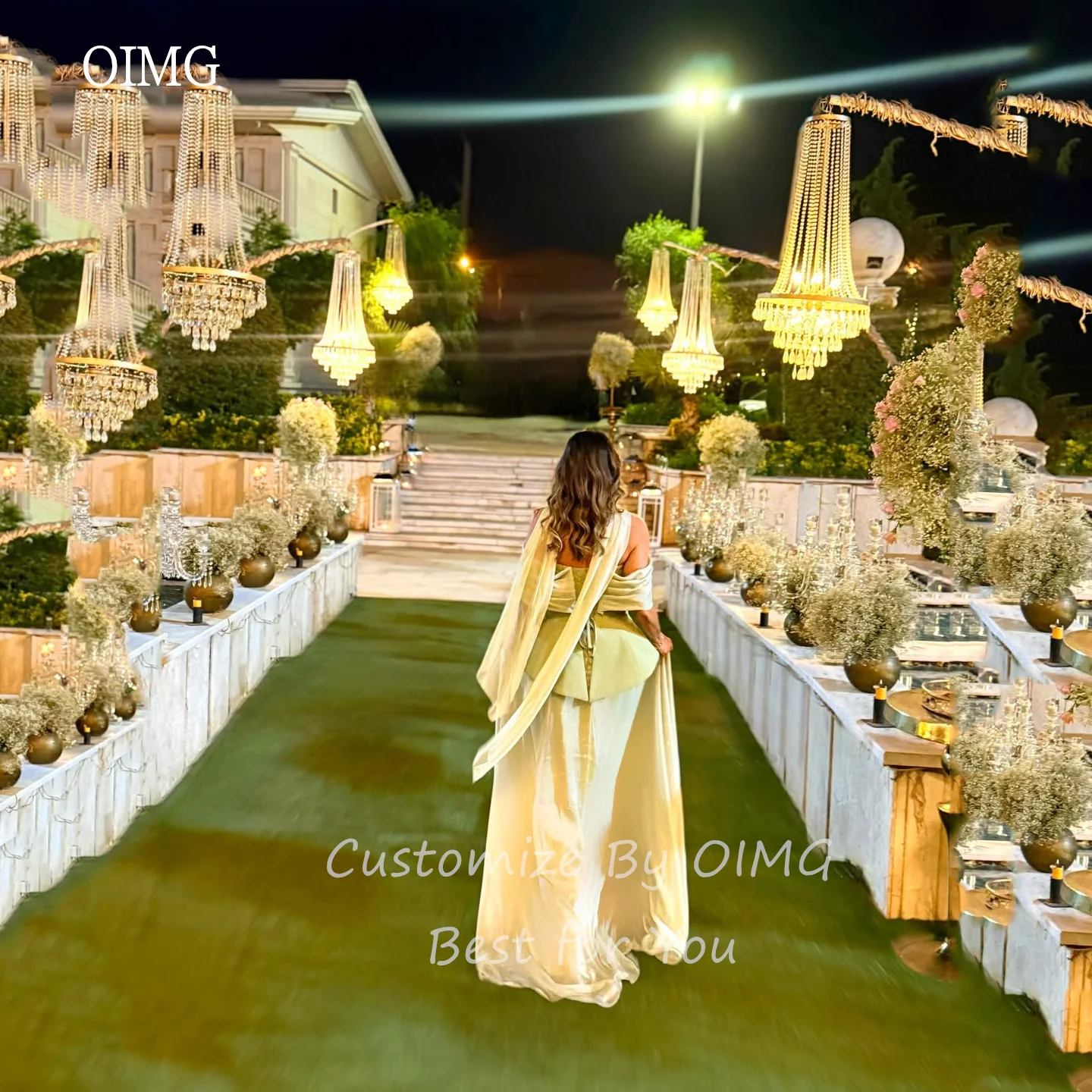 OIMG Verde Al Largo Della Spalla Una Linea di Abiti di Promenade Backless Increspato Abito Del Partito Abito Da Sera Lungo abiti da festa Personalizzato