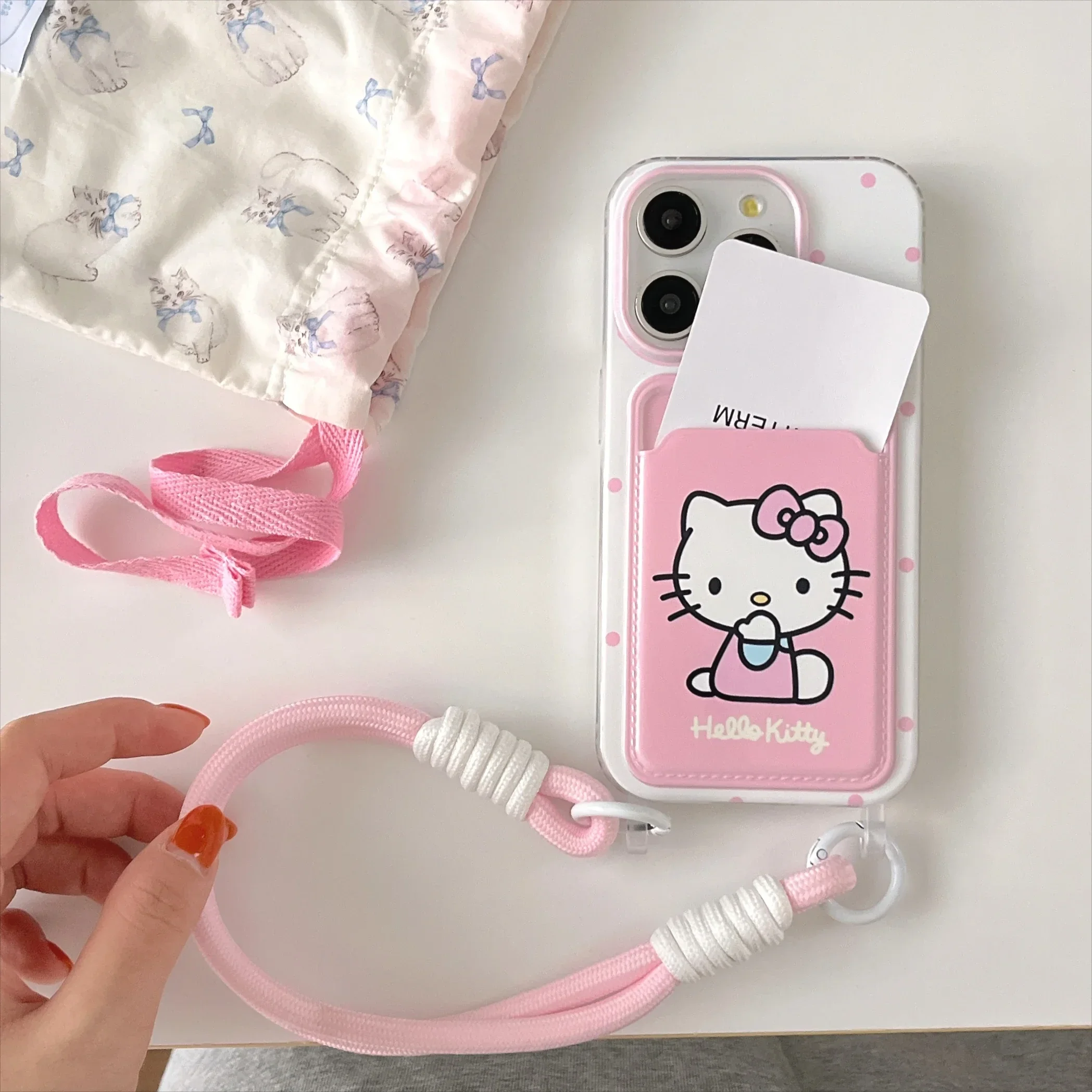 

Cute Cartoon Sanrio Hello Kitty Card Bag Mobile Phone Case with Lanyard for IPhone 15ProMax 15 14 13 ProMax Phone Case Funda