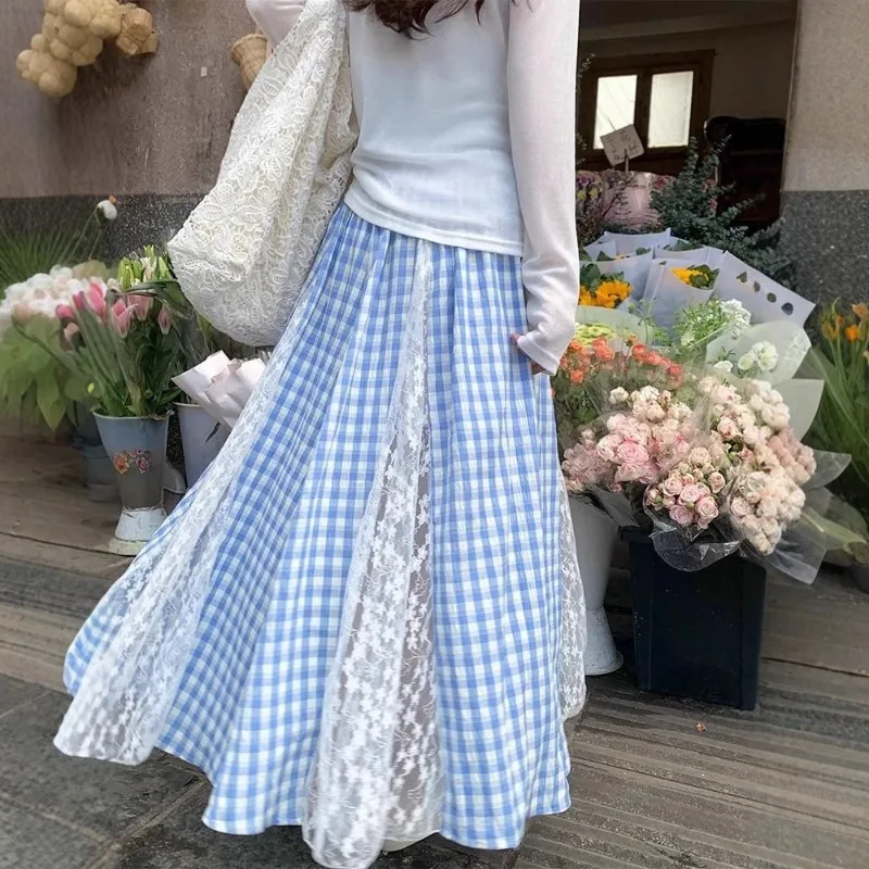 

2025 New Streetwear Plaid Patchwork Lace Midi Skirt Blue Lace Elegant Women's Spring Korean Temperament Slim A-line Cake Skirts