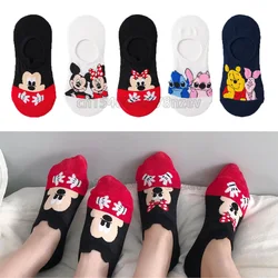 5 Pairs Disney Summer Socks Mickey Mouse Minnie Stitch Cartoon Women Socks Soft Ventilate Cute Cotton Invisible Socks