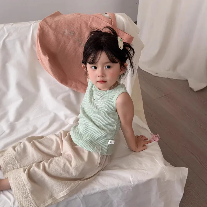 Korean version girls' knitted pit stripe vest 2026 summer new style children's western-style sleeveless vest baby T-shirt