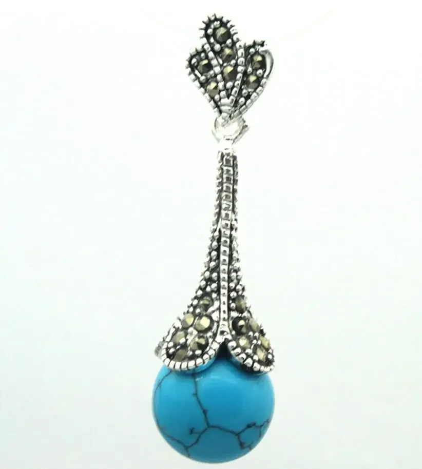 

lady's 925 Sterling Silver Natural 12mm blue Turquoise Marcasite Necklace Pendant 45*12mm