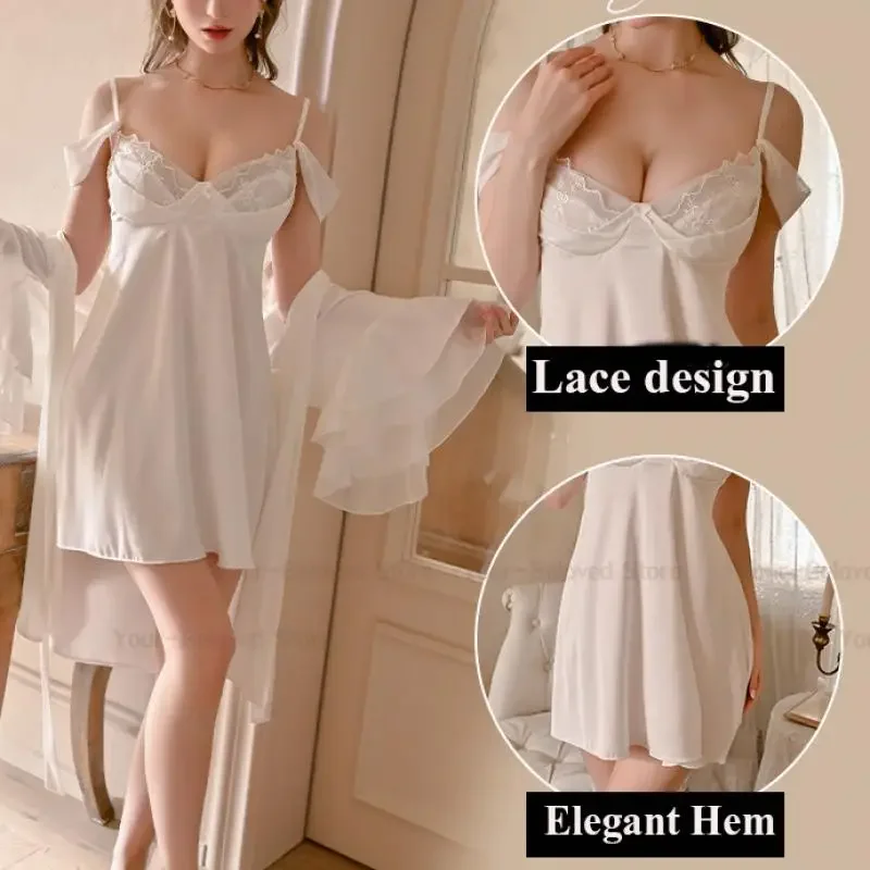 

Women White Robe Satin Kimono Night Party Dresses Suit Short Suspender Nightgown Elegant Flare Sleeve Bathrobe Lingerie