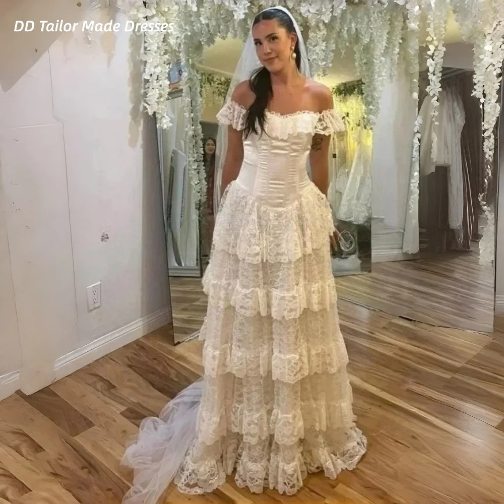 فساتين زفاف دانتيل مكشكشة عاري الكتفين على شكل حرف a طويل طول الأرض زي العرائس عاجي رداء de mariée مخصص فيستدوس 2026 #1