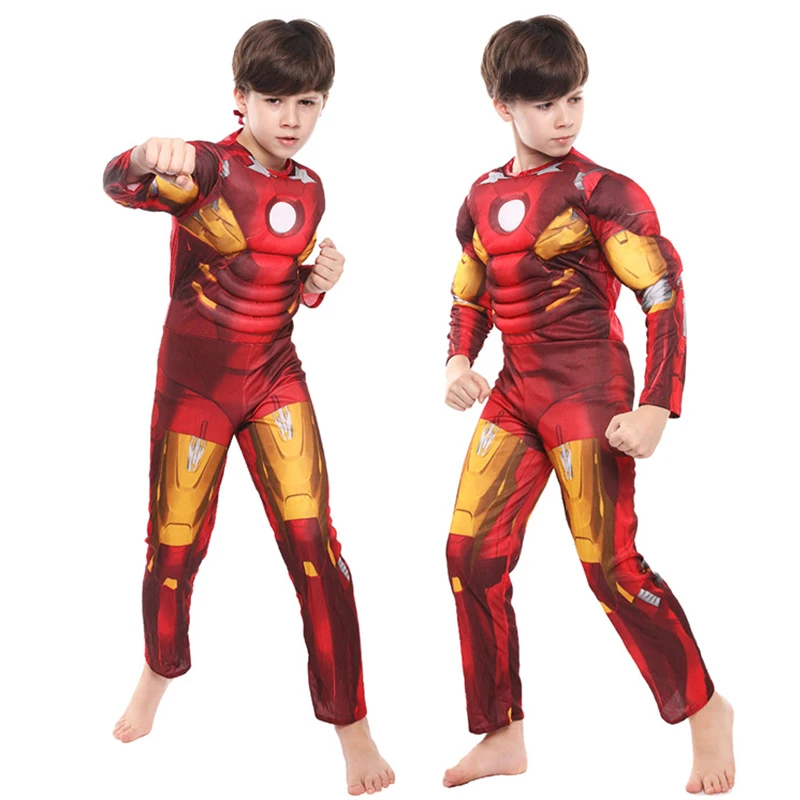 Childen Iron Man Muscle Costume for Kids Superhero Iron Man Cosplay Costume Jumpsuit Mask Gloves Suit Halloween Costume Child