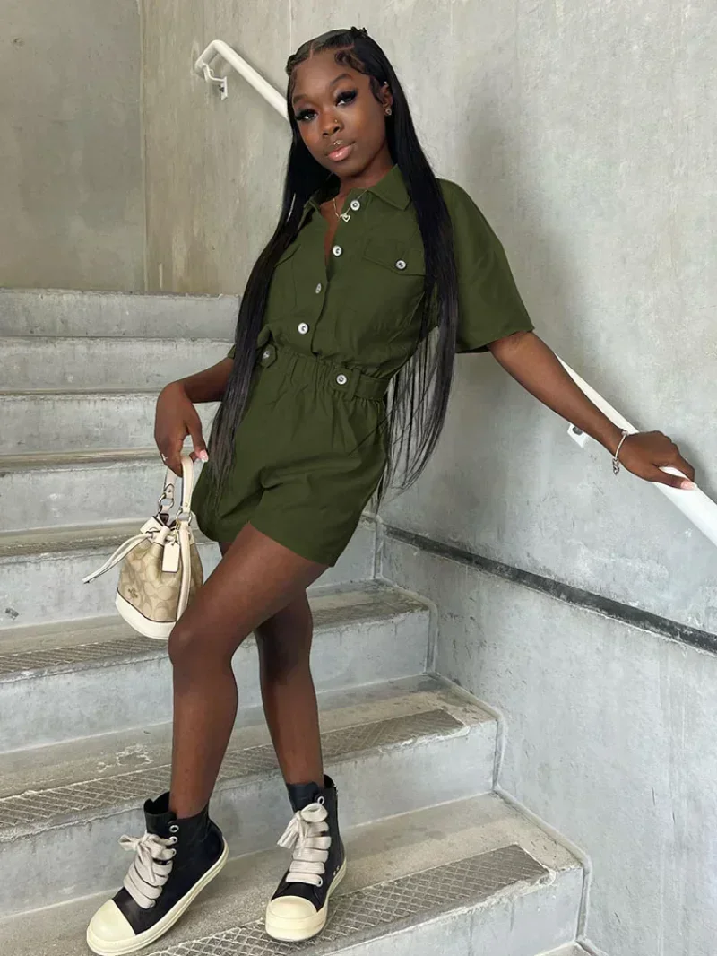 

Женский комбинезон GUWU с пуговицами, карманами, отложным воротником и короткими рукавами, летний, в стиле карго/сафари, цельный комплект, плейсьют