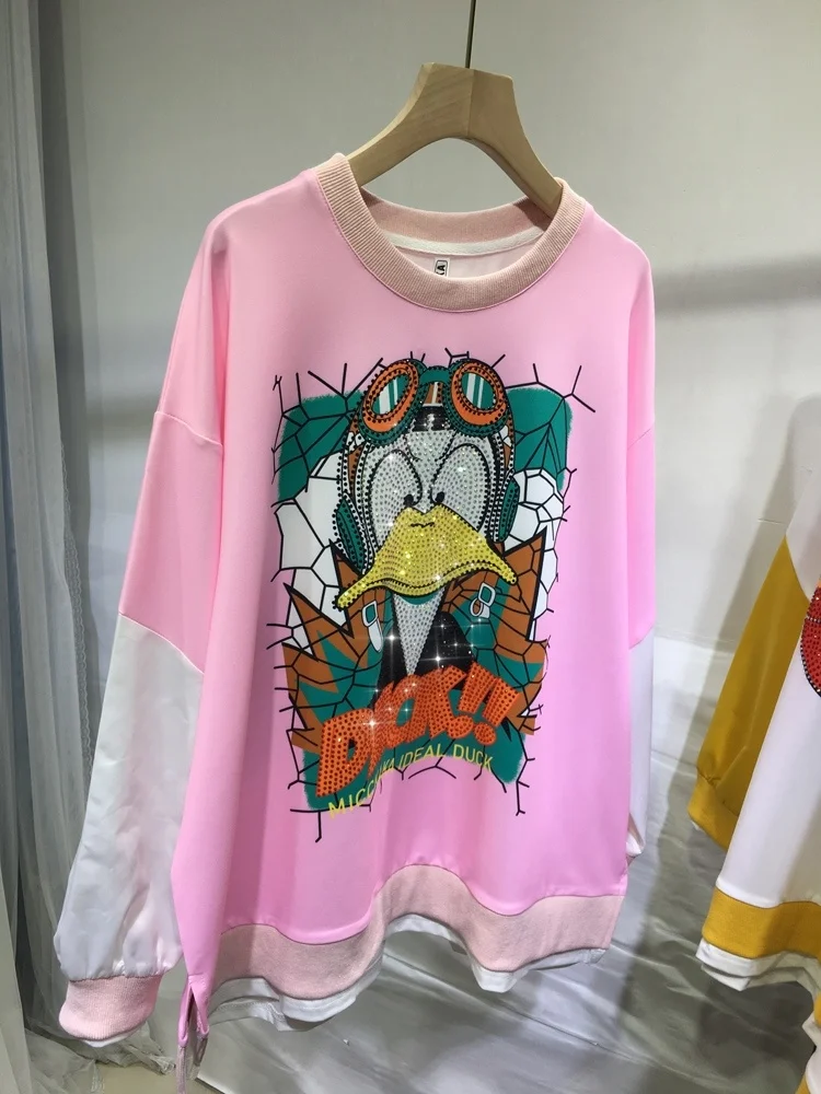 Hot Drilling Luxury Cartoon Age Reduction Pink Sweatshirt Loose Fake Two Piece O-neck Oversize Pullover Top Streetwear Hoodies