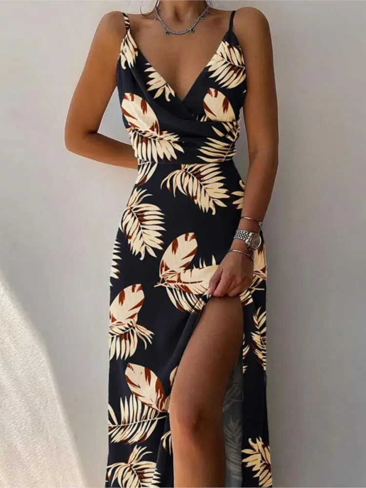 

Elegant Print Dress Lady Fashion Sexy V Neck Sleeveless Spaghetti Strap High Waist Dresses For Women Holiday Beach Skirt Clothes