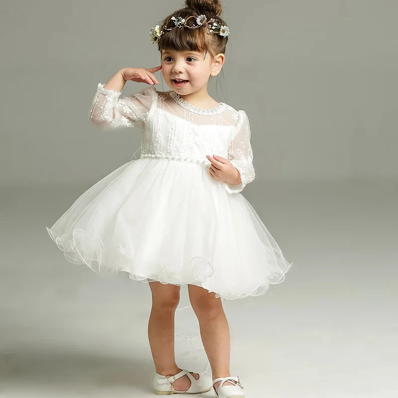 Customized White Flower Girl Dress For Wedding Appliques Lace Long Sleeve High Waist Cute Kids Birthday First Communion Gown