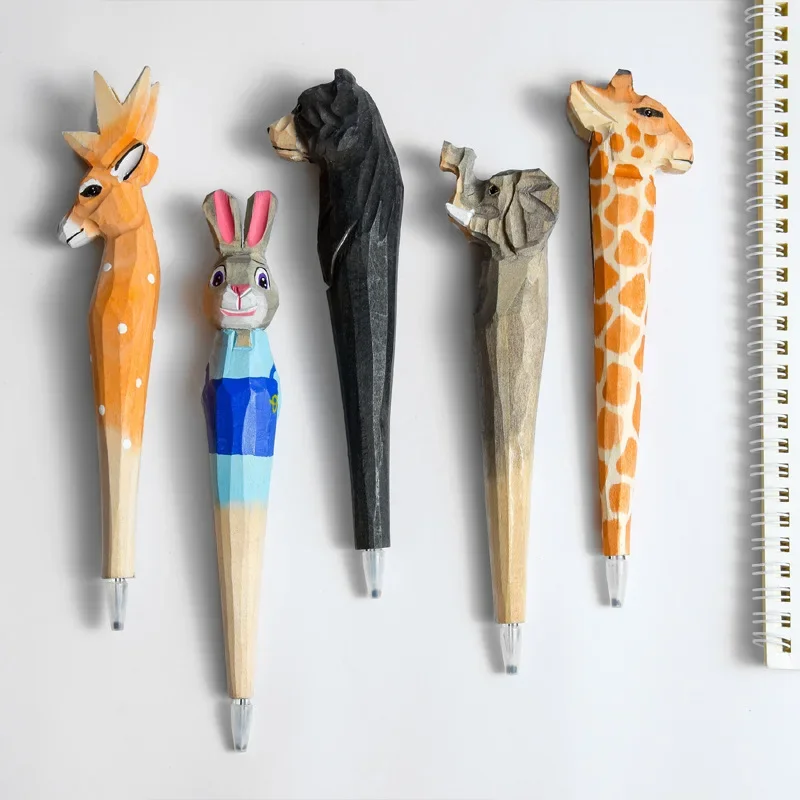 

5PCS Giraffe, Elephant, Cute Cartoon Animal Pen Hand-carved Creative Wood Carving Pen DIY Gel Pen