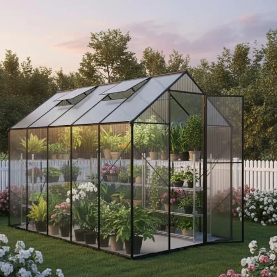 Walk-in Greenhouse for Outdoors, Feet Large Polycarbonate Greenhouses with Aluminum Frame, Adjustable Roof Vent, Lockable Door,
