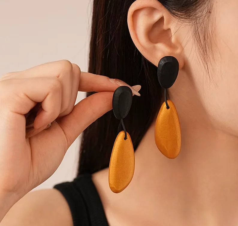 Kitykiss Retro Wooden Earrings 925 Silver Irregular Drop Dangle Earrings for Women