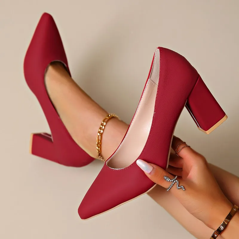 

Новинка 2024, удобные женские туфли на высоком каблуке, новые туфли с острым носком и неглубоким носком, женская модная обувь большого размера на толстом каблуке