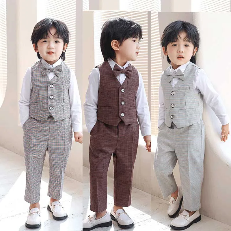 Boys Coffee Vest Shirt Pants Bowtie Photograph Suit Children Wedding Dress Kids Kindergarten Performance School Uniform Costume