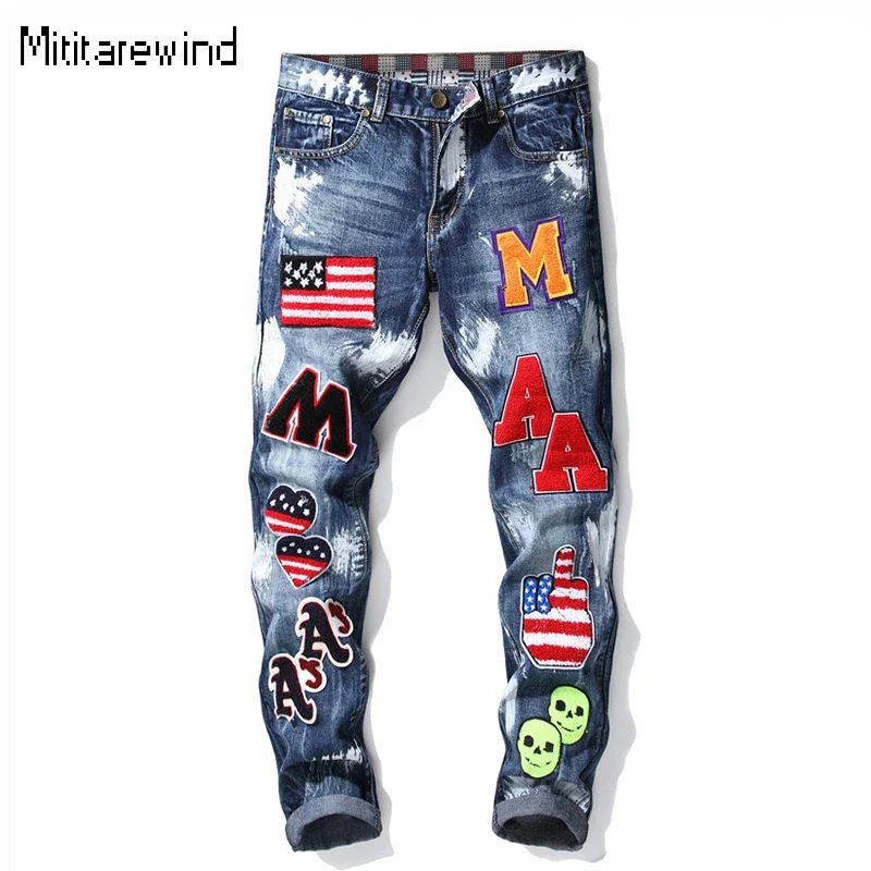 

Punk Style Y2k Streetwear Slim Jeans Men 98% Cotton Paint Letter Embroidered Design Straight Washed Jeans Youth Trendy Man Pants