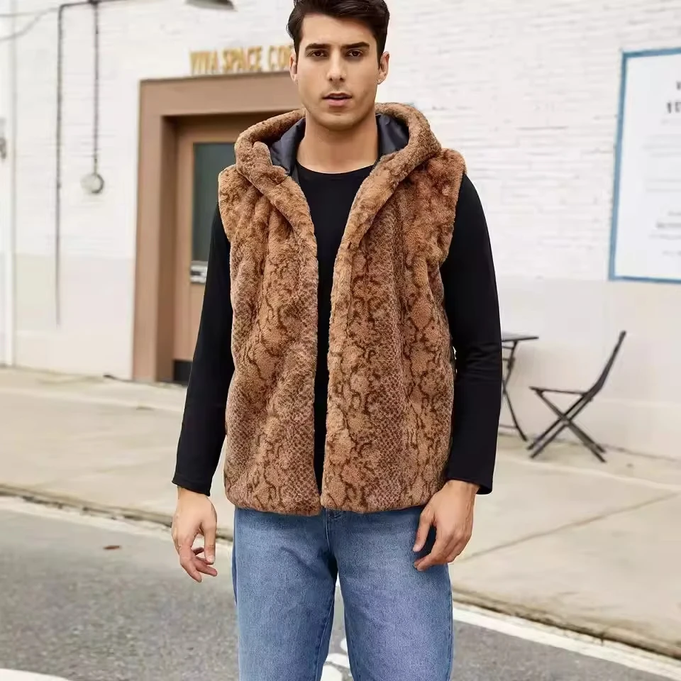 

Male 2025 Clothes Coats Tops Winter New Fashion American European Men's Leopard Casual Trendy Sleeveless Hooded Faux Fur Vests