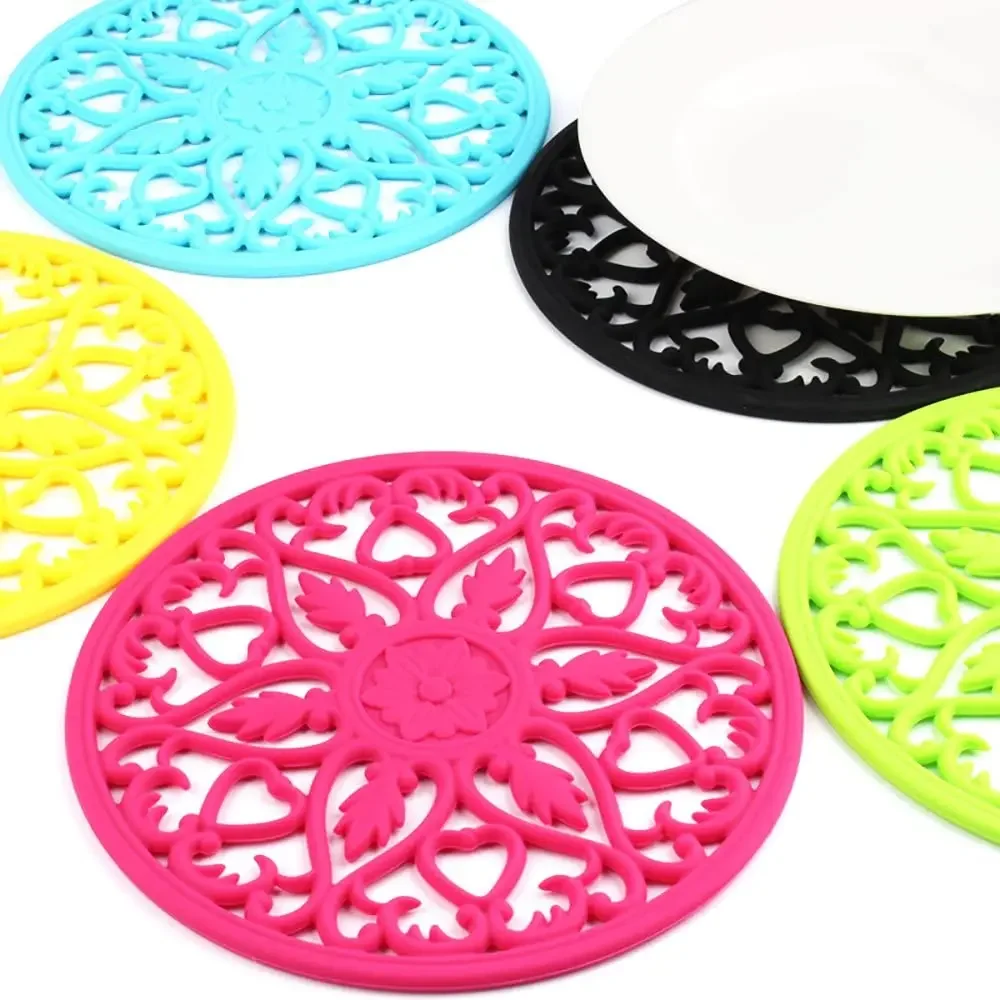 Set Silicone Multi-Use Intricately Carved Trivet Mat - Insulated Flexible Durable Non Slip Coasters